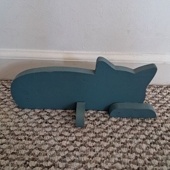 Blue Painted Wooden Resting Cat Decor Folk Art - Picture 2 of 7